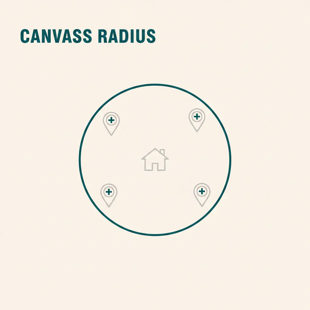 A search-radius map centered on a claimant's home with pharmacy pins inside it — the geographic scope of a pharmacy canvass.