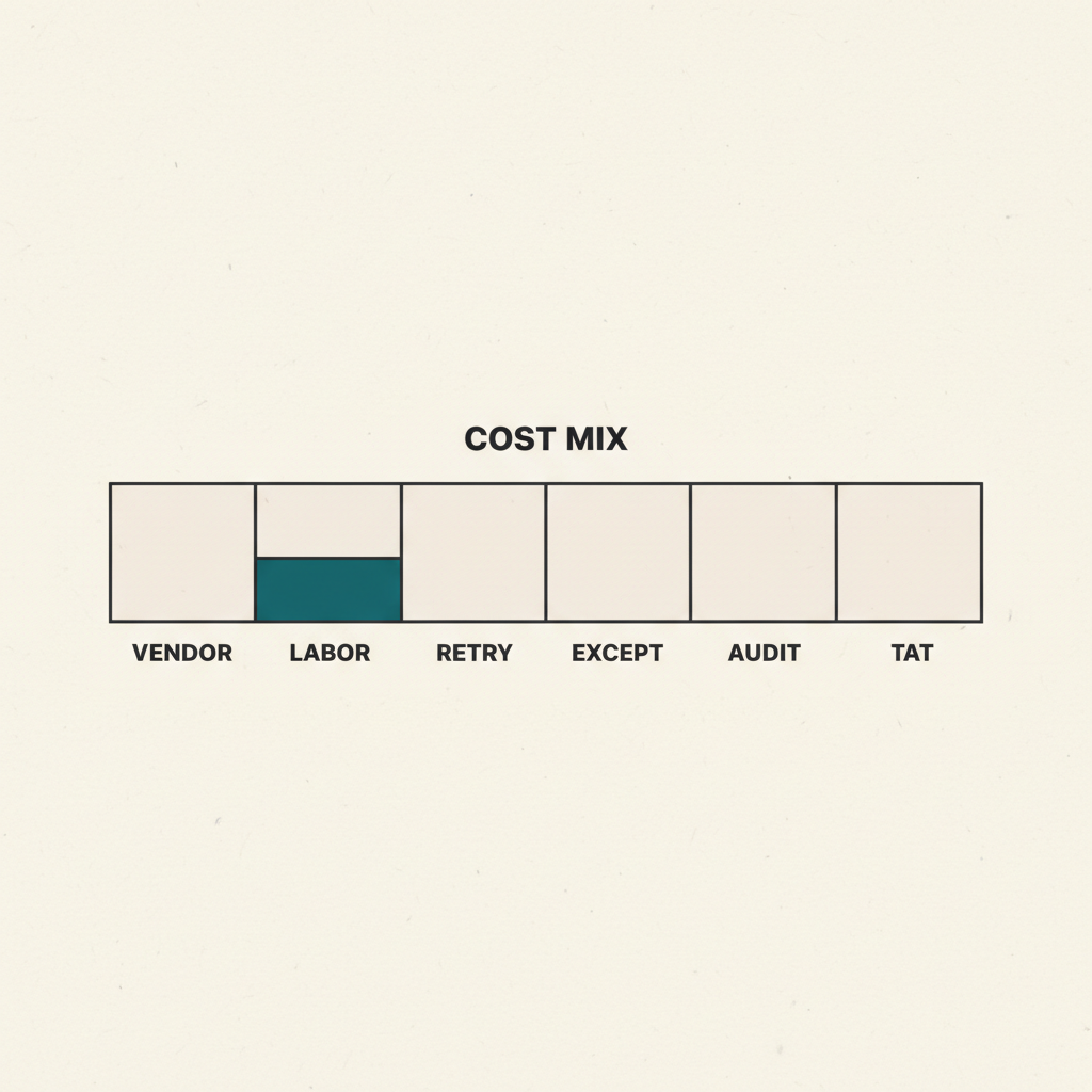 Stacked horizontal bar chart showing the six cost-per-case components with relative weight: vendor invoice, internal labor, retry cost, exception handling, audit overhead, and opportunity cost