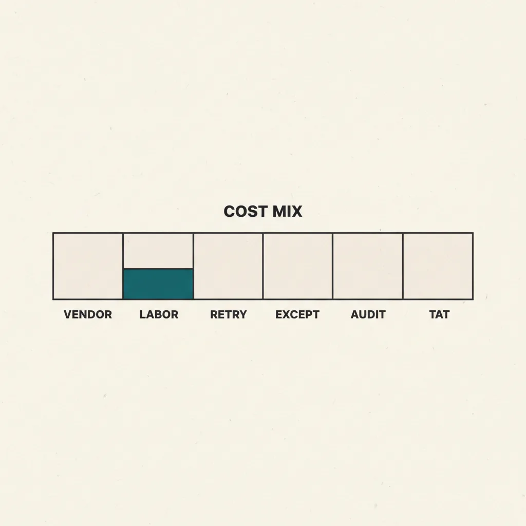 Stacked horizontal bar chart showing the six cost-per-case components with relative weight: vendor invoice, internal labor, retry cost, exception handling, audit overhead, and opportunity cost