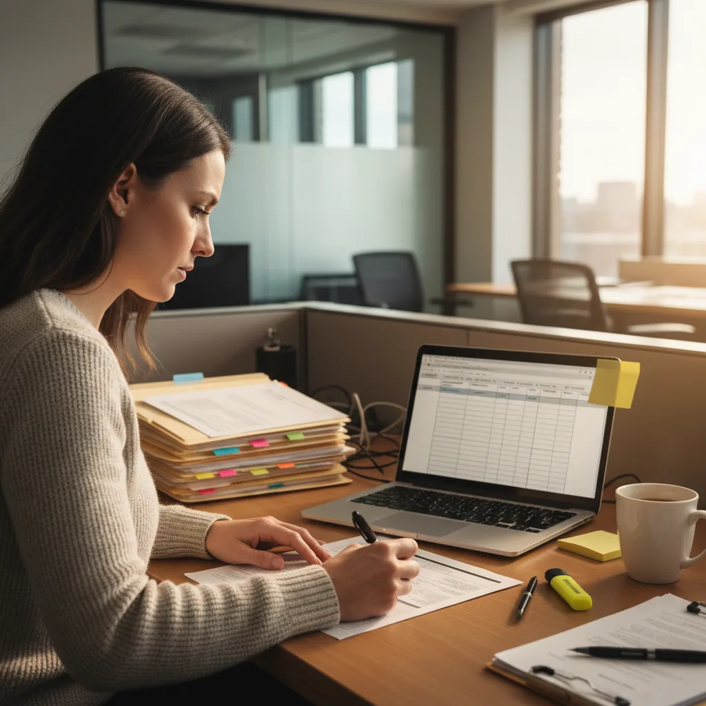 Background screening operations director at a desk with a laptop open to a spreadsheet, sampling fifty completed verification cases for a cost-per-case measurement exercise