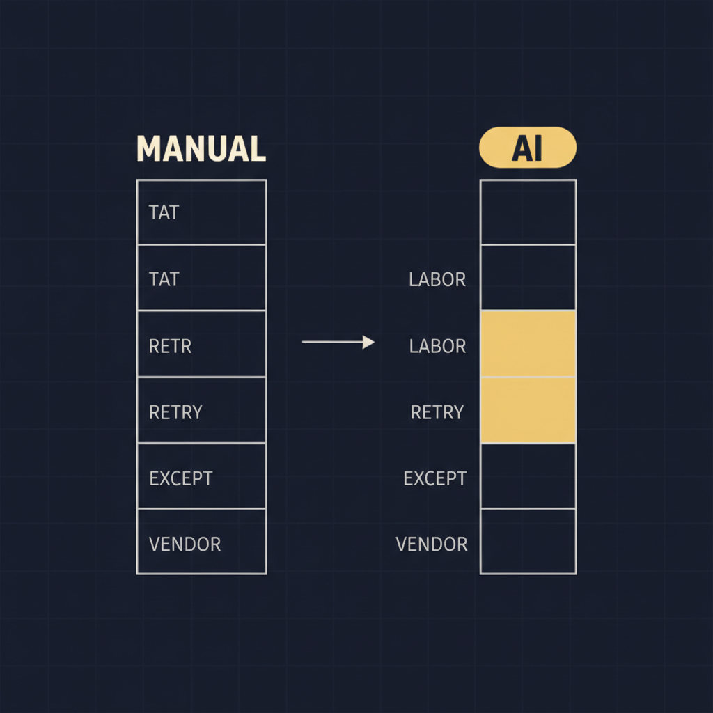 Side-by-side comparison of the six cost components in a manual operation versus an AI-assisted operation, with the internal labor, retry, and exception components visibly compressed on the AI side
