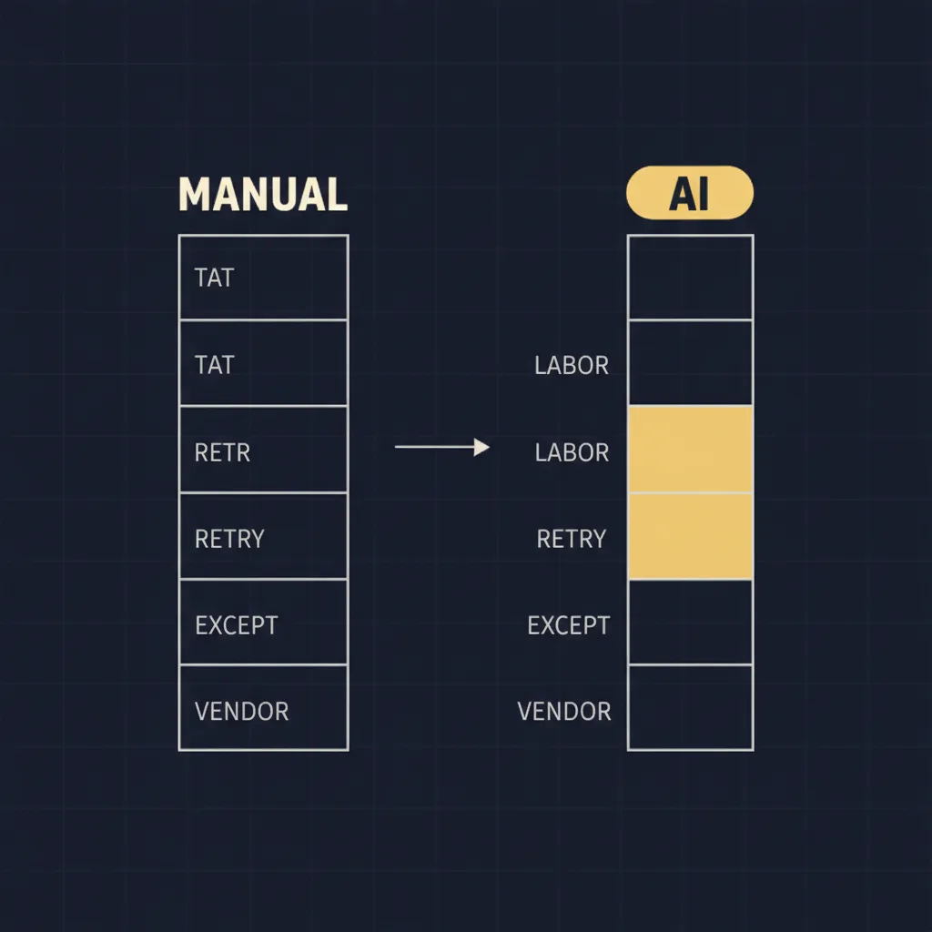 Side-by-side comparison of the six cost components in a manual operation versus an AI-assisted operation, with the internal labor, retry, and exception components visibly compressed on the AI side