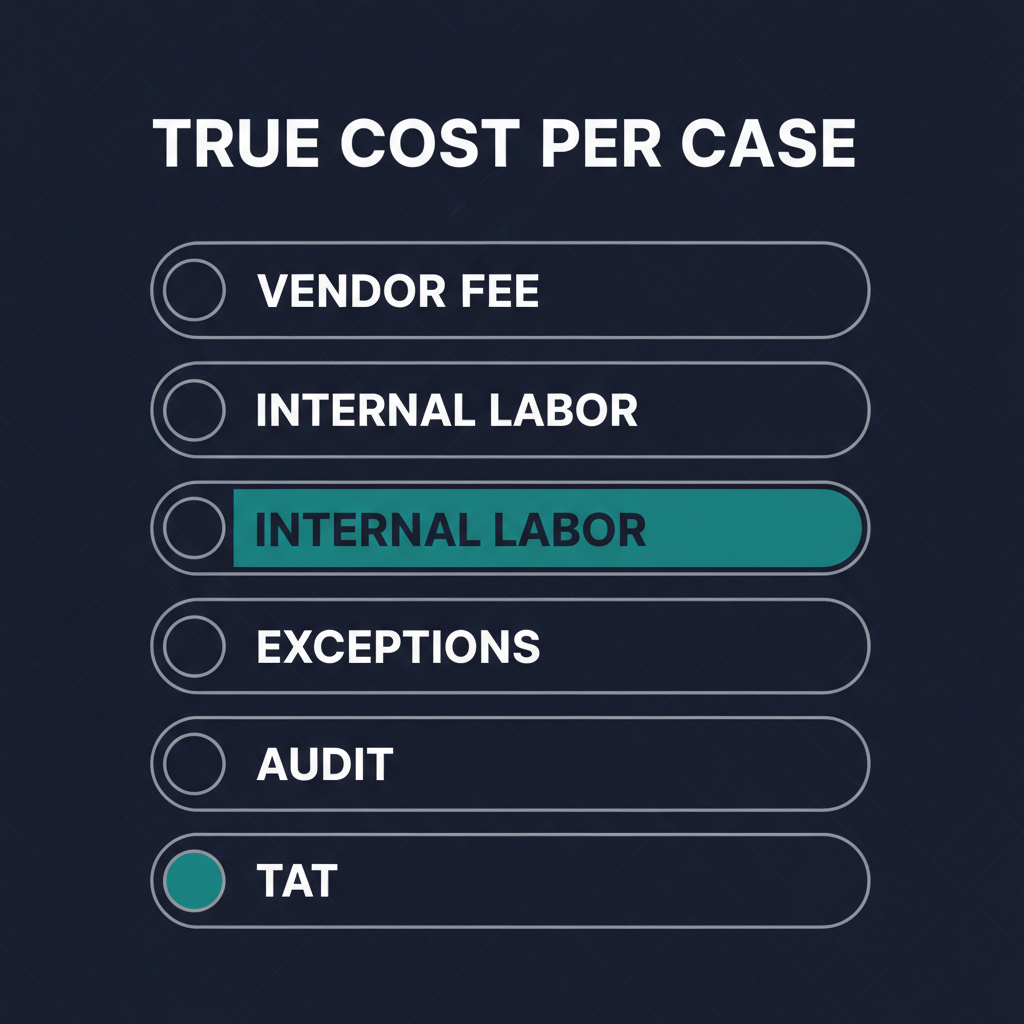 Dark-mode checklist poster listing six cost-per-case components stacked vertically on a deep navy background, with the second item INTERNAL LABOR highlighted in deep teal.