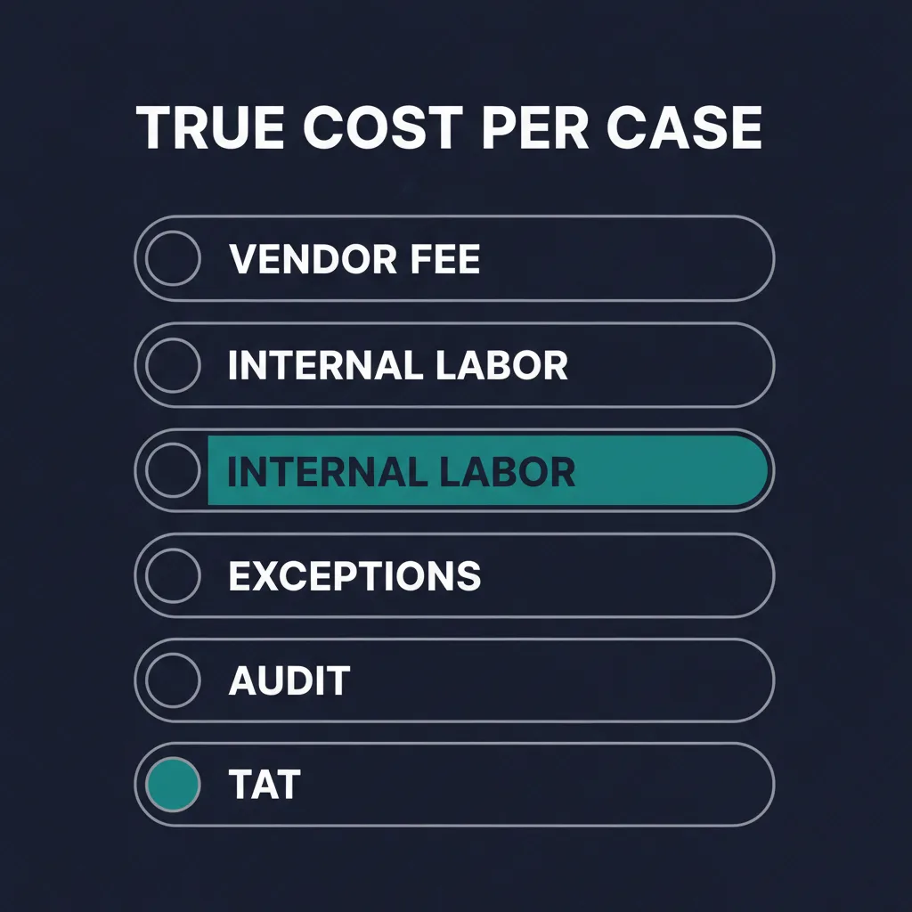 Dark-mode checklist poster listing six cost-per-case components stacked vertically on a deep navy background, with the second item INTERNAL LABOR highlighted in deep teal.