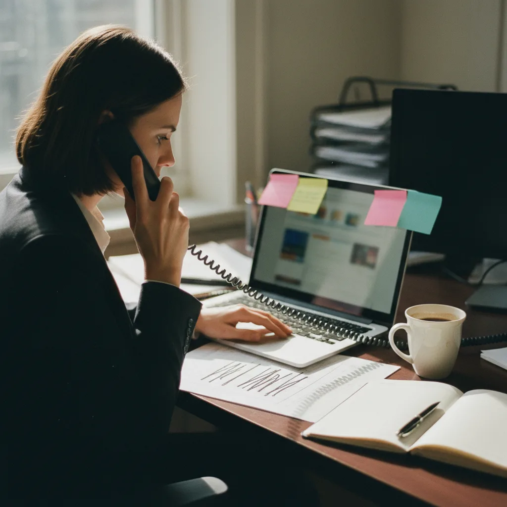 A recruiter at an HR desk chasing candidate references by phone