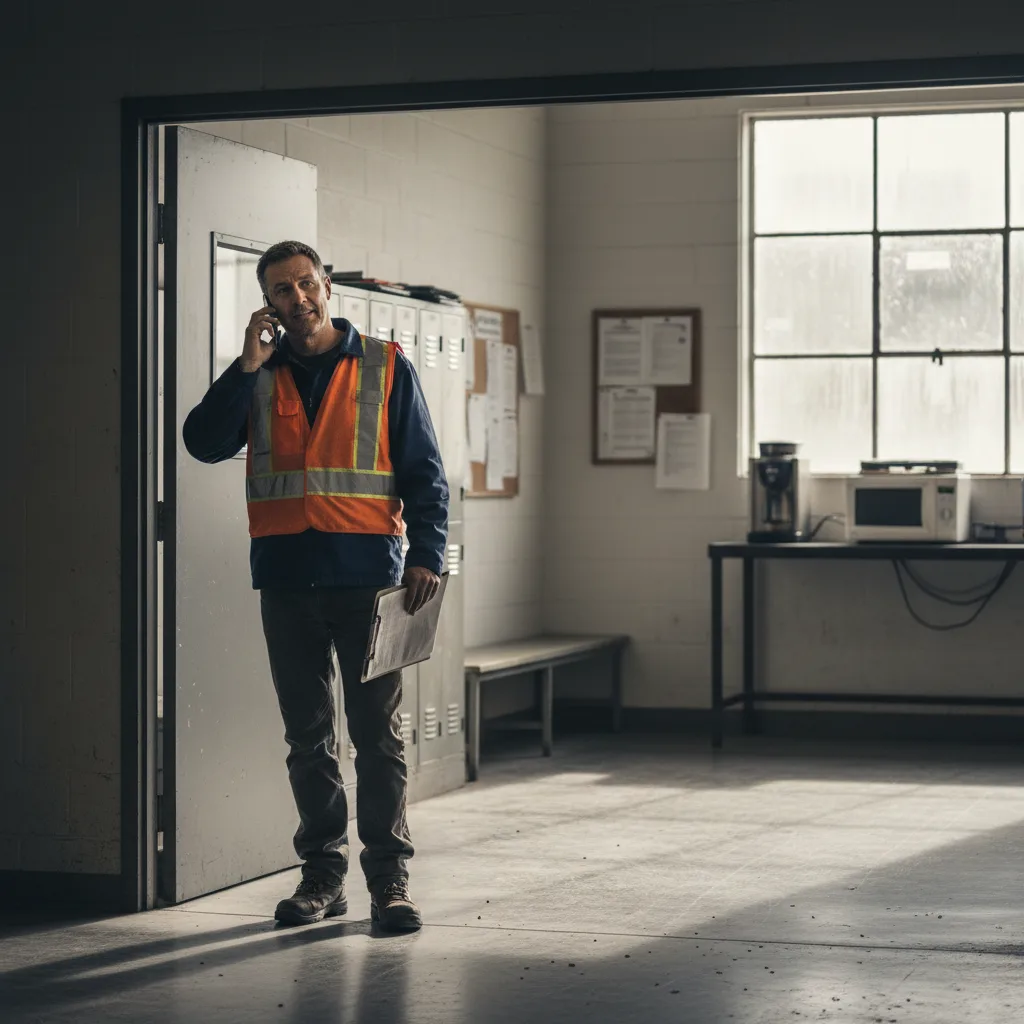 A shift supervisor pausing mid-shift to answer a reference call on his phone