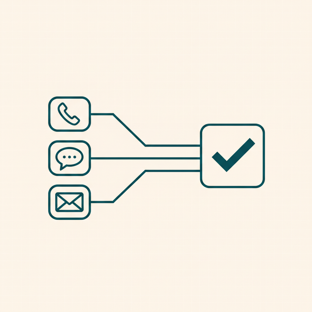 A diagram of phone, text, and email channels converging into a single completed reference check