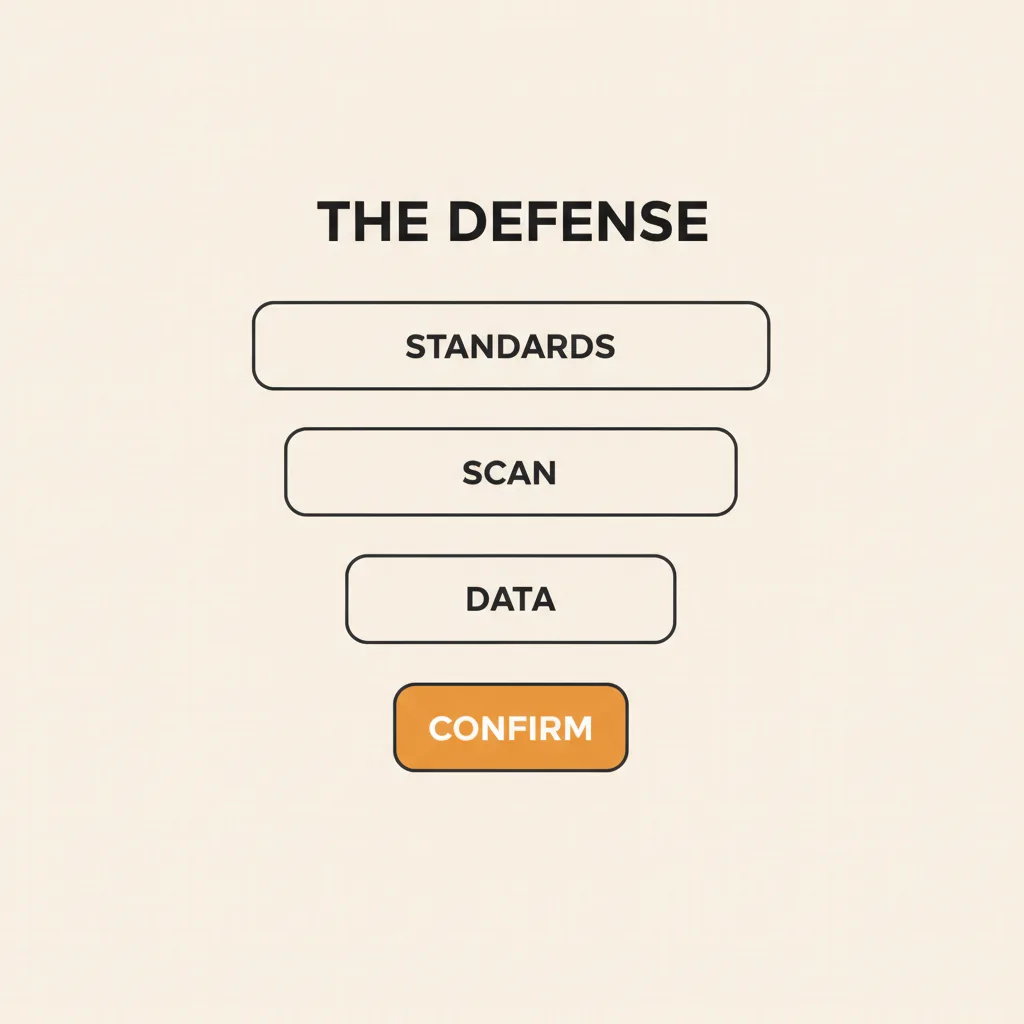 The four-layer defense funnel: standards, document scan, connected data, source confirmation