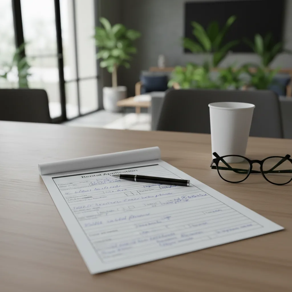 A rental application under review on a leasing office desk