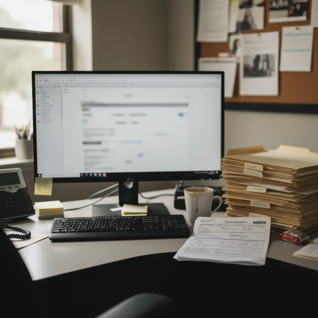 A screening coordinator reviewing applicant documents in a property management office
