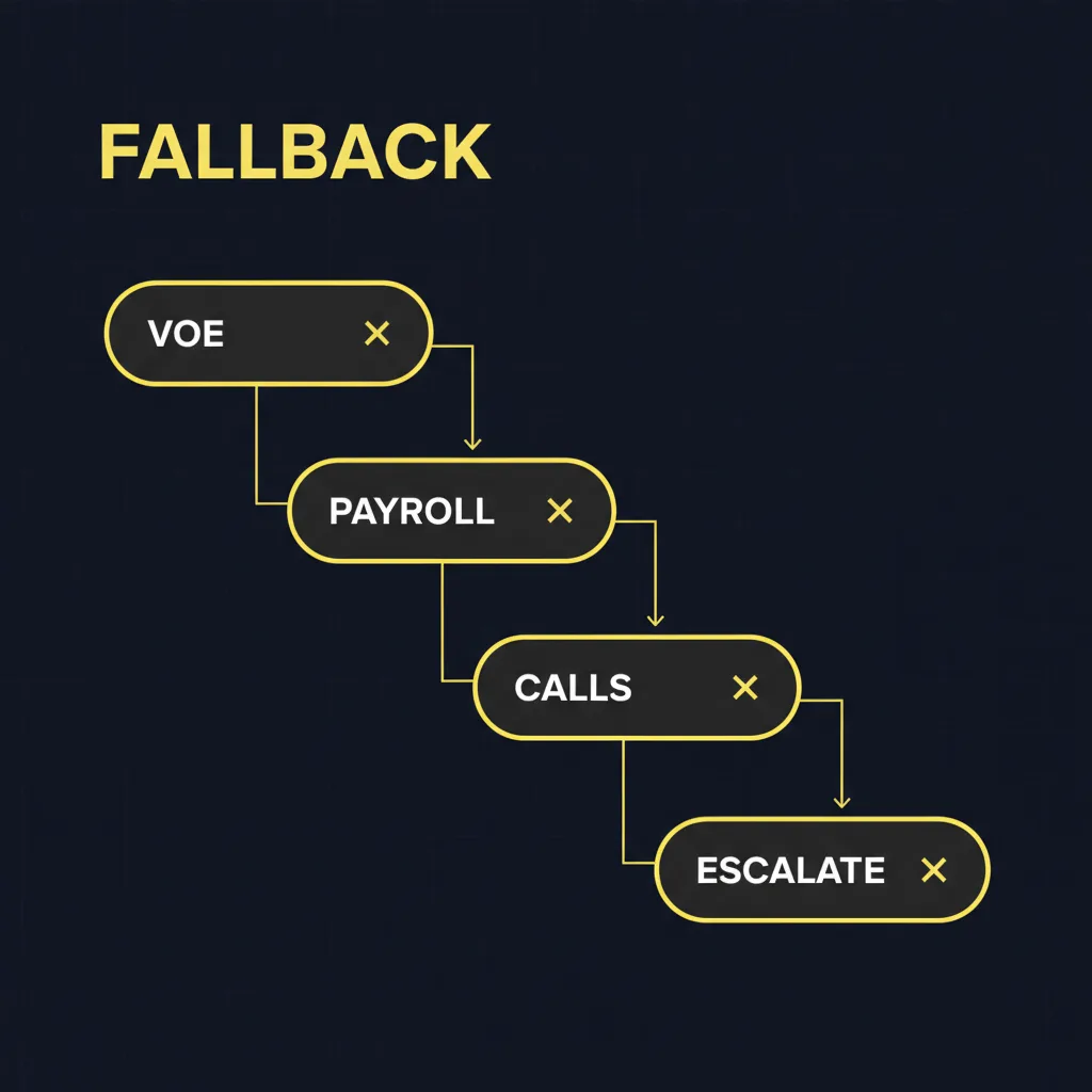 A four-stage fallback waterfall: written VOE, borrower-assisted payroll connection, multi-channel manual outreach, then human escalation