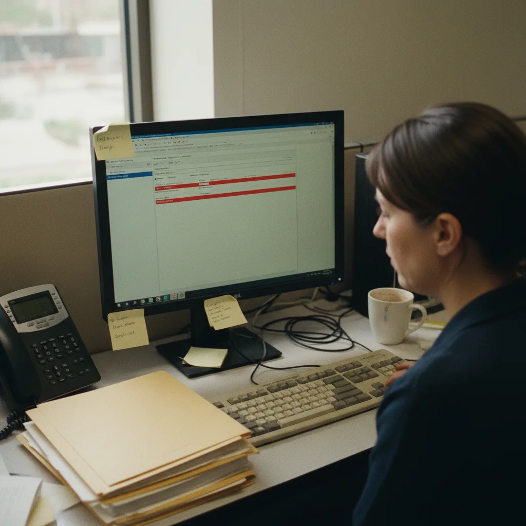 A background screening specialist at her desk reading a 'no record found' result on her monitor after a Work Number lookup