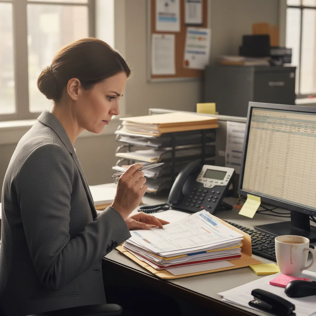 A claims adjuster pausing over a paper claim file as a red flag catches their attention