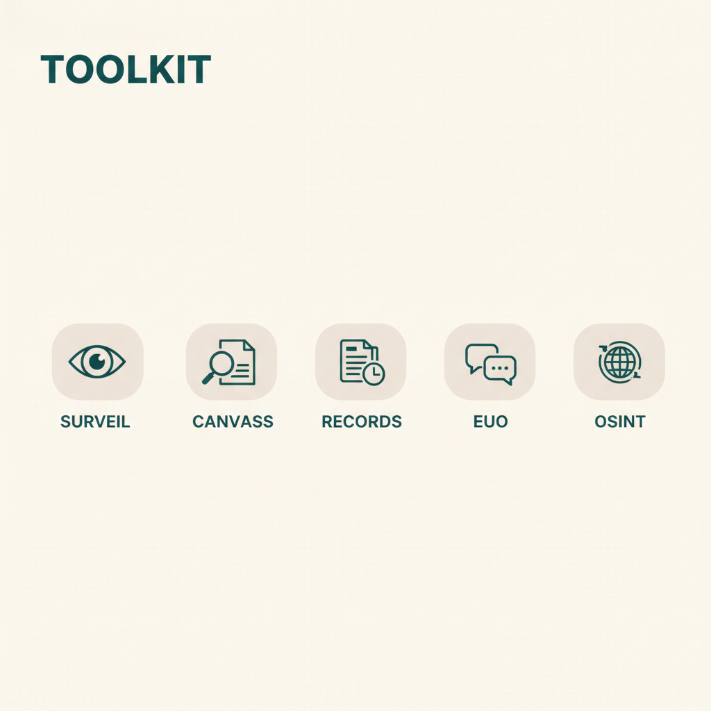 The five-method SIU toolkit: surveillance, canvassing, records, examinations under oath, and open-source intelligence
