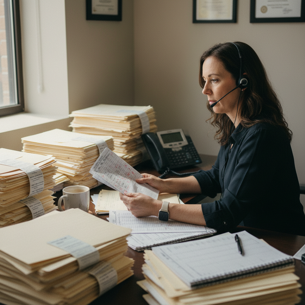 An SIU investigator working through a long queue of outreach calls on a headset