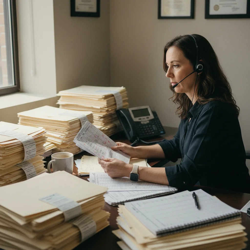 An SIU investigator working through a long queue of outreach calls on a headset