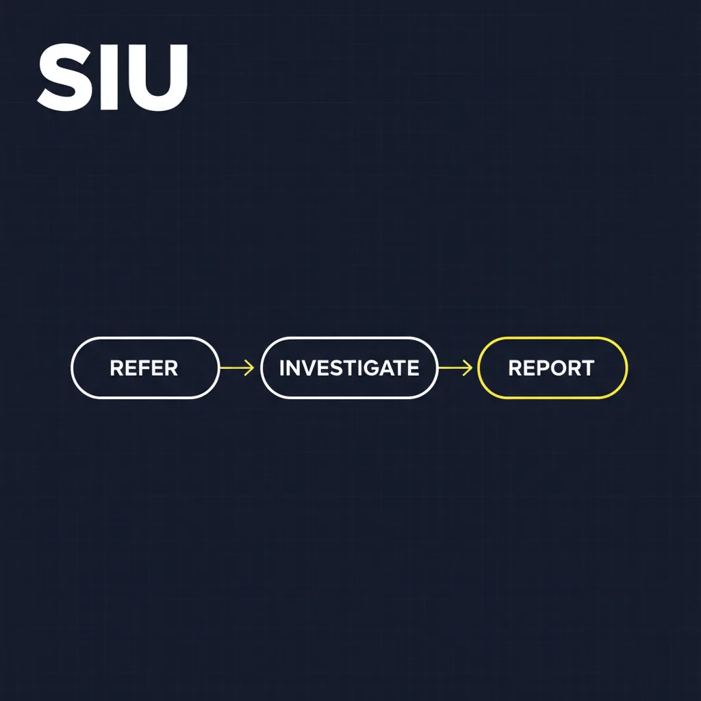 A dark Stripe-style diagram poster of the SIU process — refer, investigate, report — under a bold SIU wordmark.
