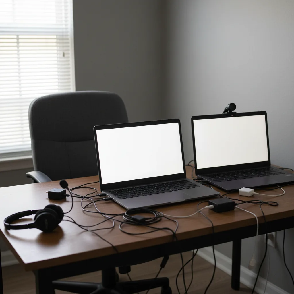 An ordinary home office with two laptops and a webcam — the physical setup behind remote candidate fraud