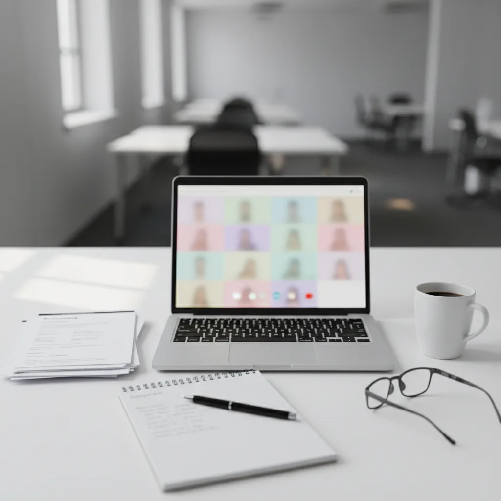 A recruiter's desk during a remote hiring cycle: printed resumes, a laptop on a video call, and a notepad of interview notes