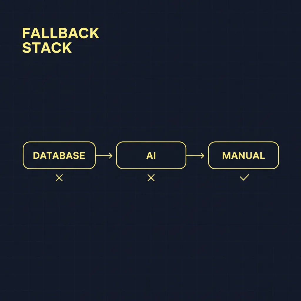 A three-stage fallback stack — database lookup first for speed, AI-automated outreach for database misses, manual outreach for the final edge cases