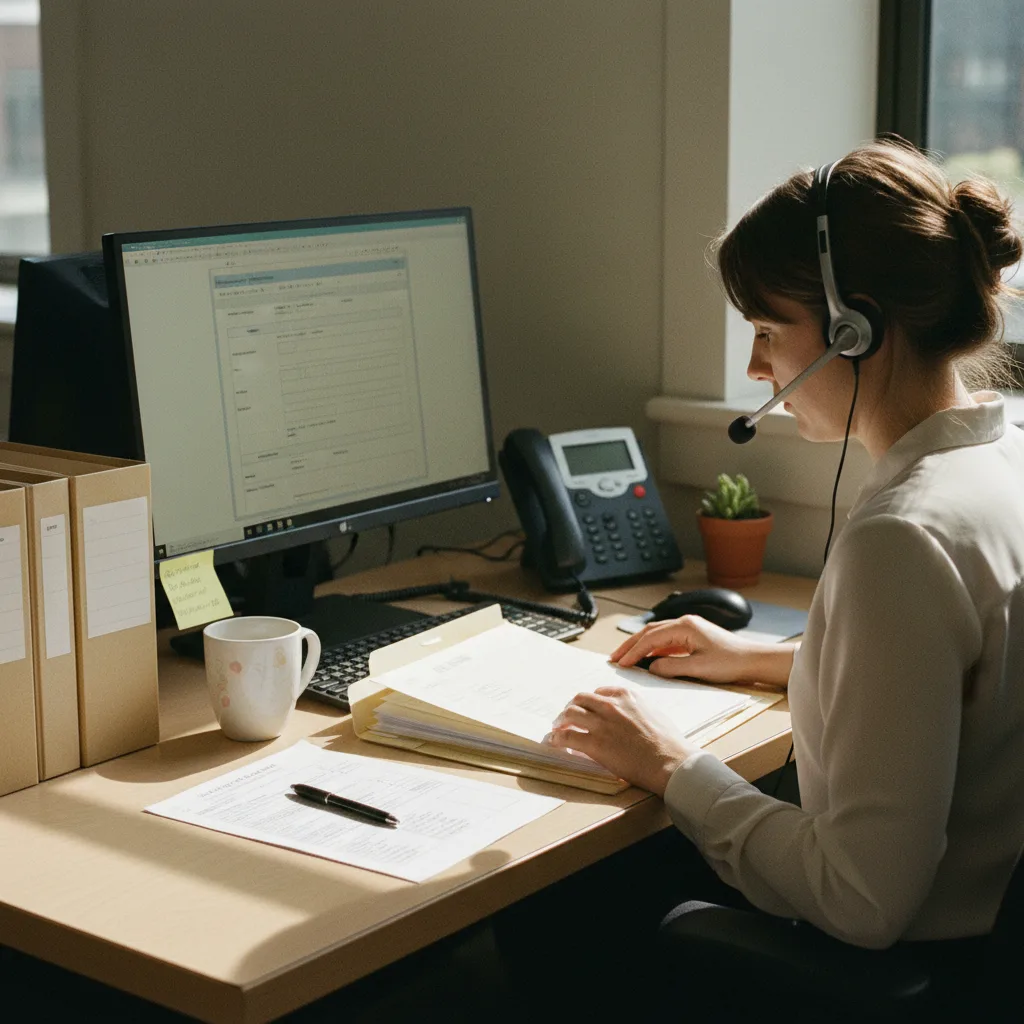 An HR coordinator handling an inbound employment verification request by phone — the manual path that reaches employers no database covers