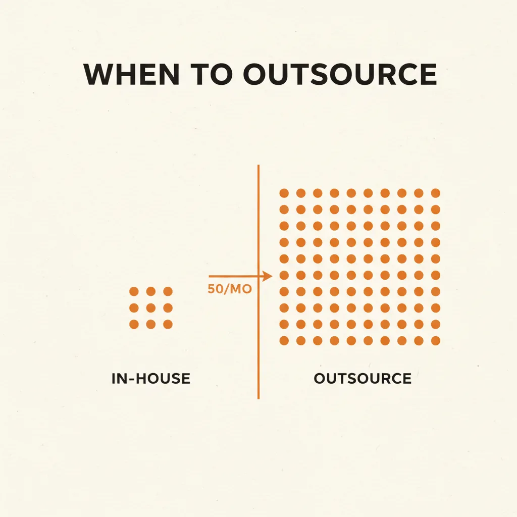 A volume threshold around 50 verifications per month is the practical tipping point from in-house verification to outsourcing