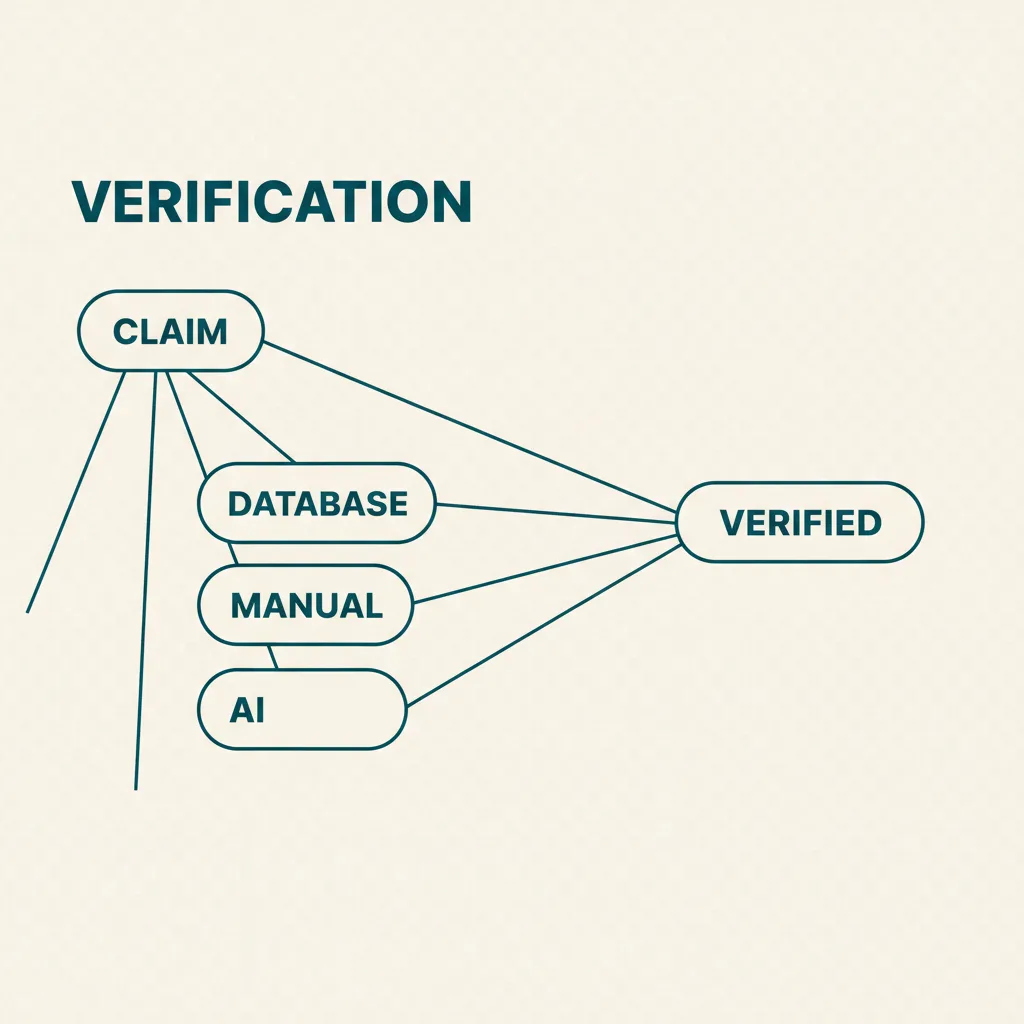 Diagram of an employment claim resolving through three verification pathways — database, manual outreach, and AI — into a single verified result