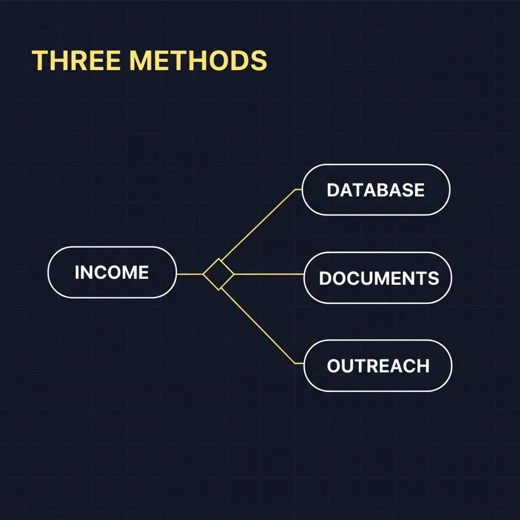 Income verification as a decision tree — a single income claim branching to three methods: payroll database lookup, document review, and employer outreach