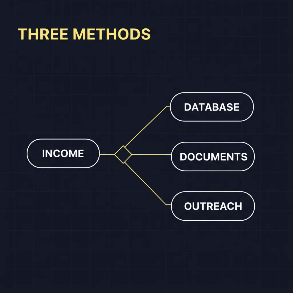 Income verification as a decision tree — a single income claim branching to three methods: payroll database lookup, document review, and employer outreach