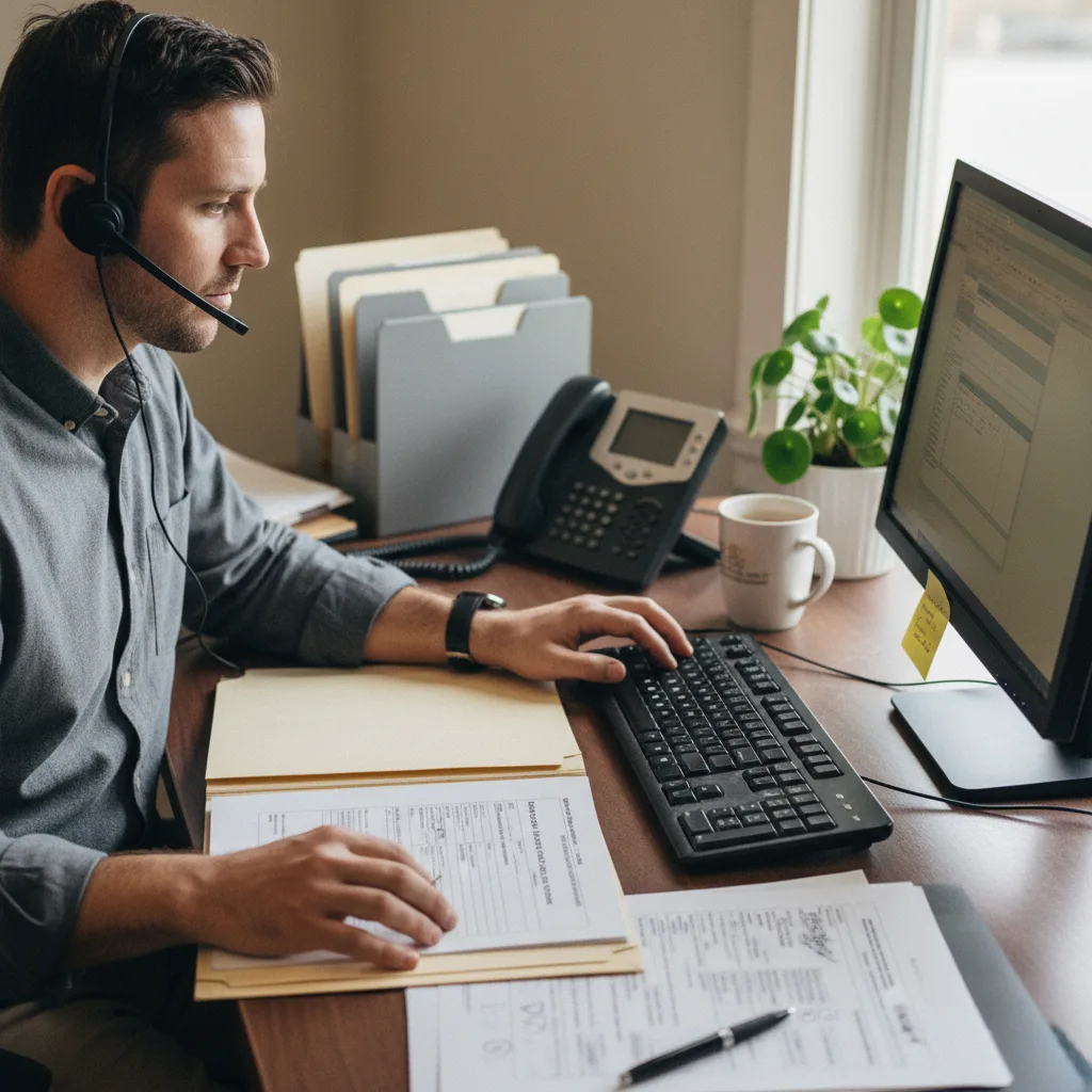 A verification specialist on a headset calling a small employer's HR contact — the outreach path that reaches employers no payroll database covers