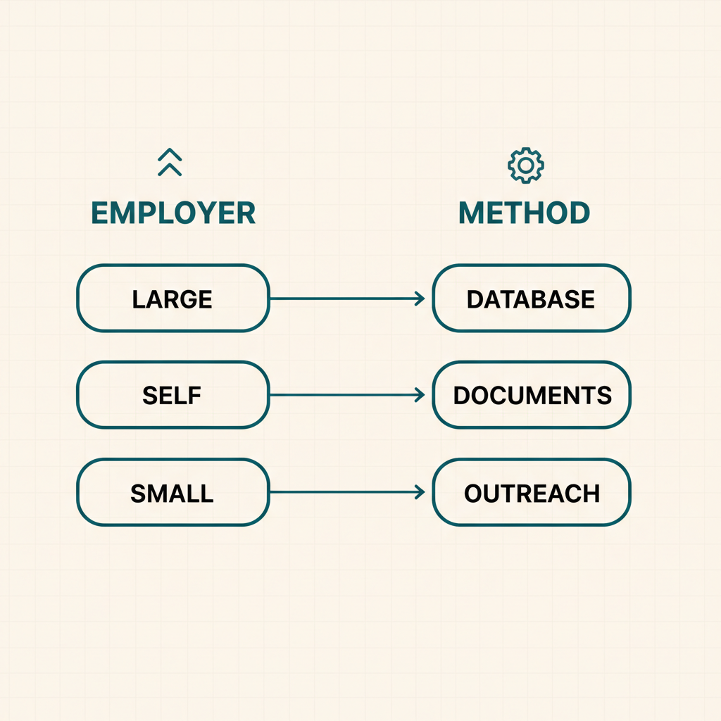 A mapping from employer type to verification method — large employers to database lookup, self-employed applicants to document review, and small employers to outreach