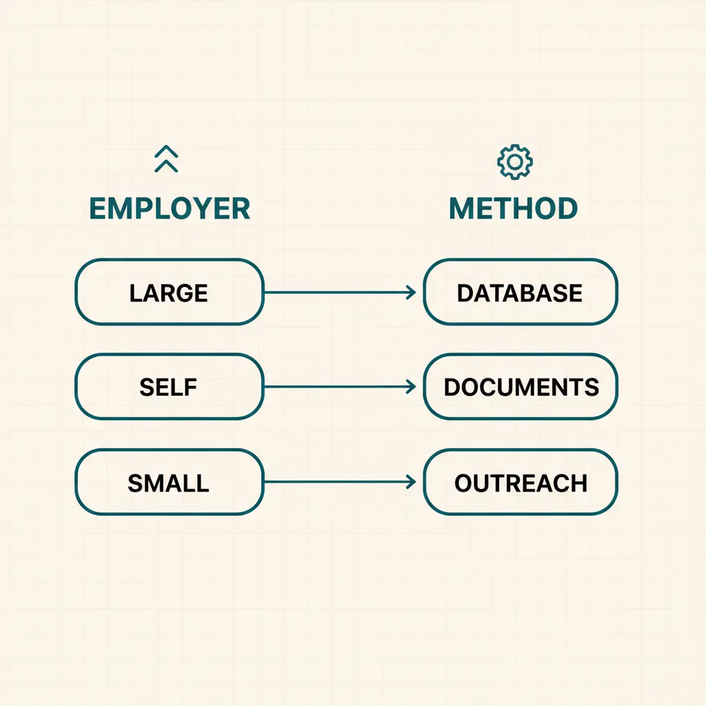 A mapping from employer type to verification method — large employers to database lookup, self-employed applicants to document review, and small employers to outreach