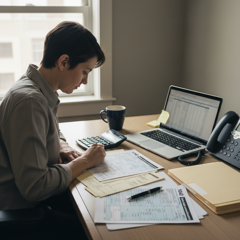 A mortgage loan officer reviewing an applicant's pay stubs and tax forms at a desk to verify income for underwriting
