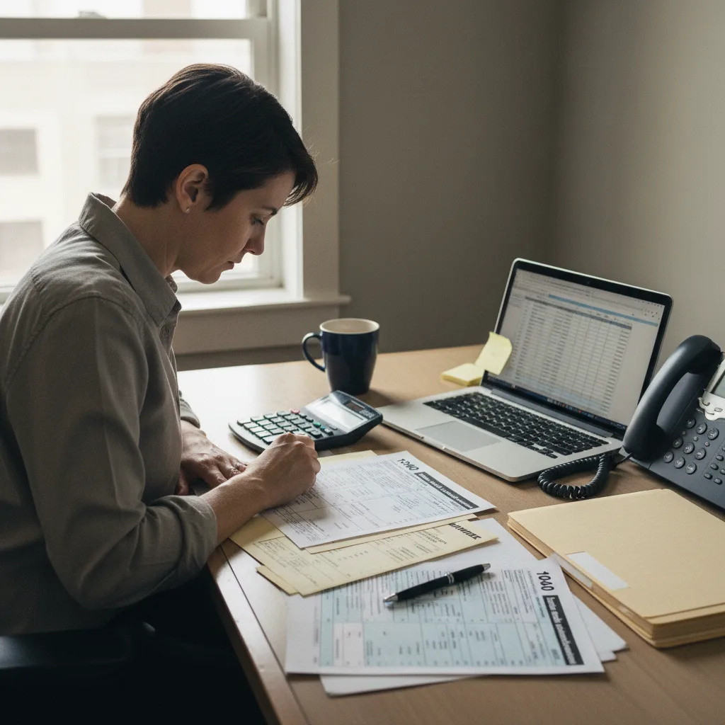 A mortgage loan officer reviewing an applicant's pay stubs and tax forms at a desk to verify income for underwriting