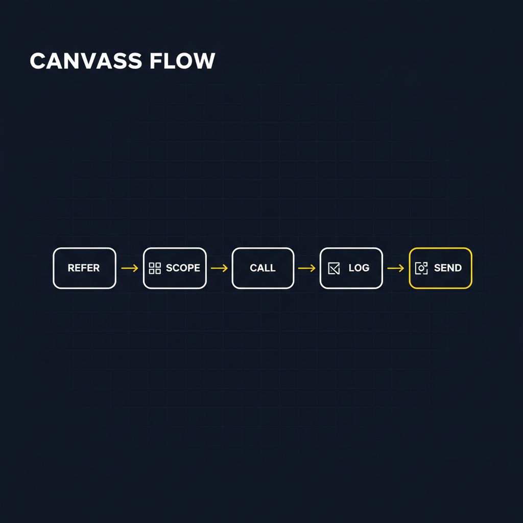 A five-step medical canvass flow: refer, scope, call, log, and send the documented report