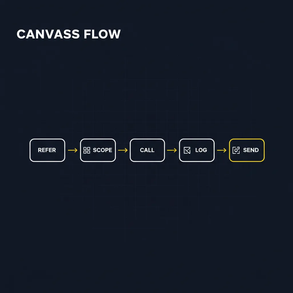 A five-step medical canvass flow: refer, scope, call, log, and send the documented report
