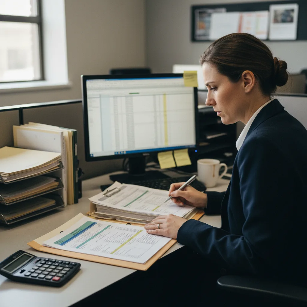 A claims adjuster reviewing a paper claim file, comparing documents before ordering a canvass