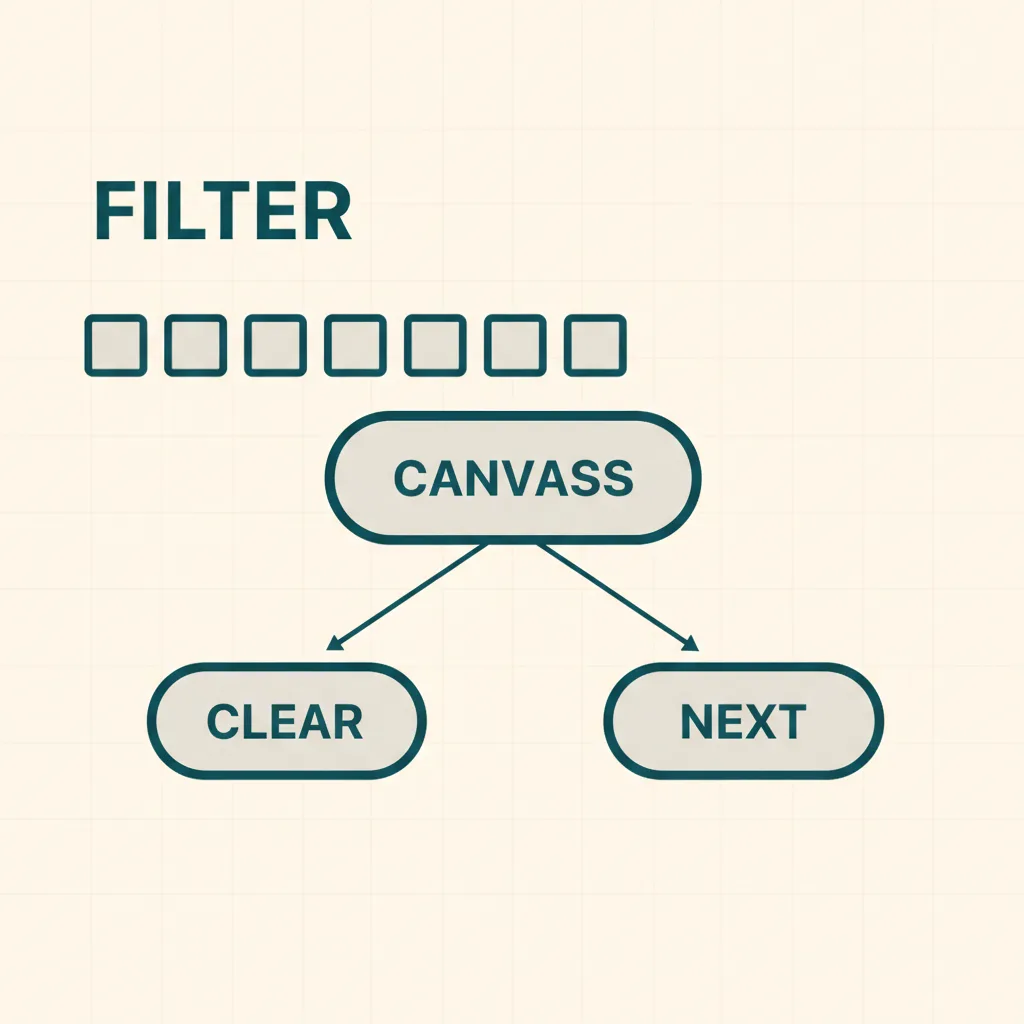 A funnel showing a canvass filtering claims into cleared files and ones that escalate to the next step
