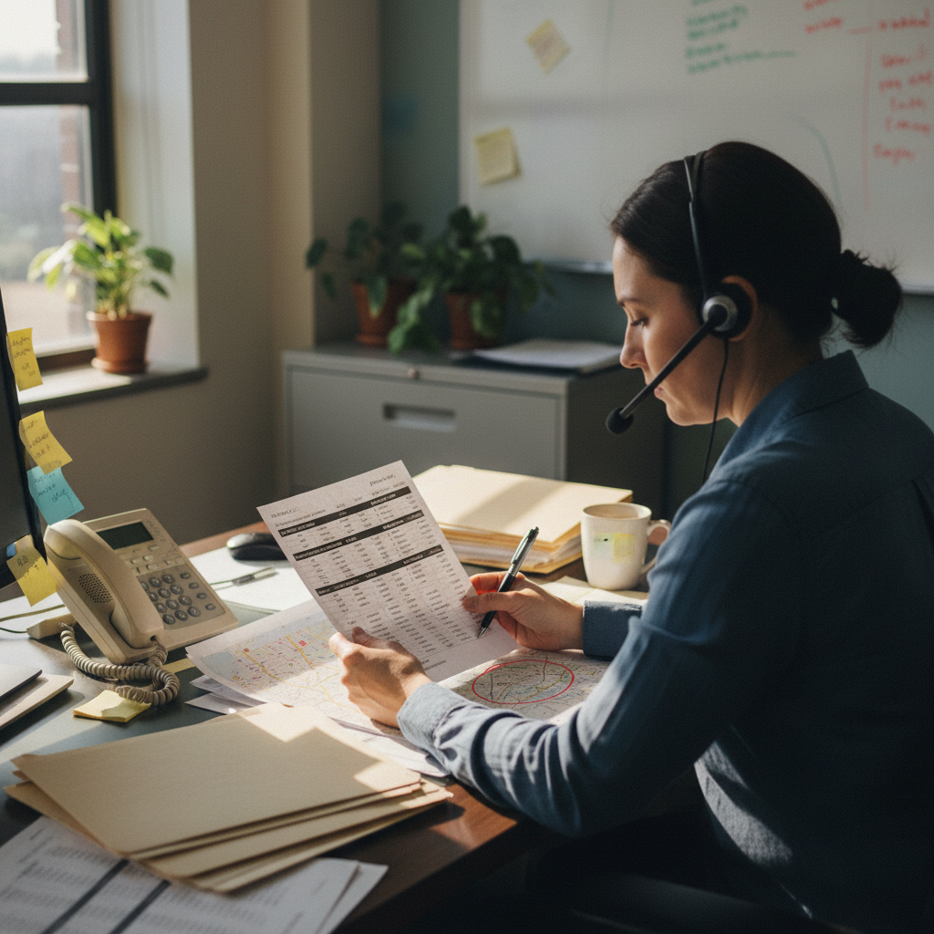 A desktop claims investigator on a headset working through a list of facilities inside a search radius — the core of a medical canvass.