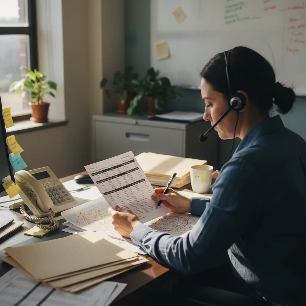 A desktop claims investigator on a headset working through a list of facilities inside a search radius — the core of a medical canvass.