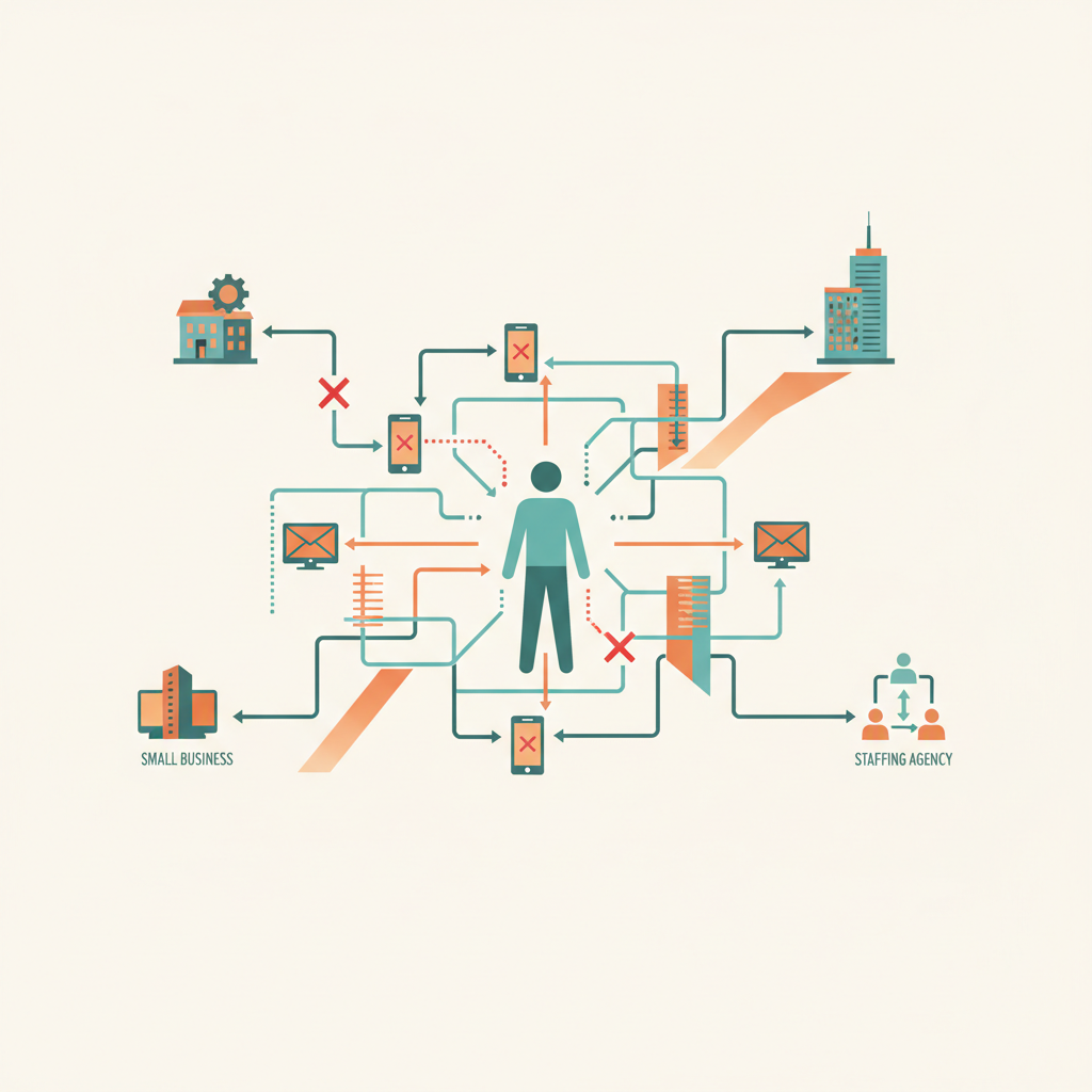 An illustration showing the complex and often frustrating process of trying to get employment verification, symbolizing navigating various communication channels and obstacles to reach the right contact.
