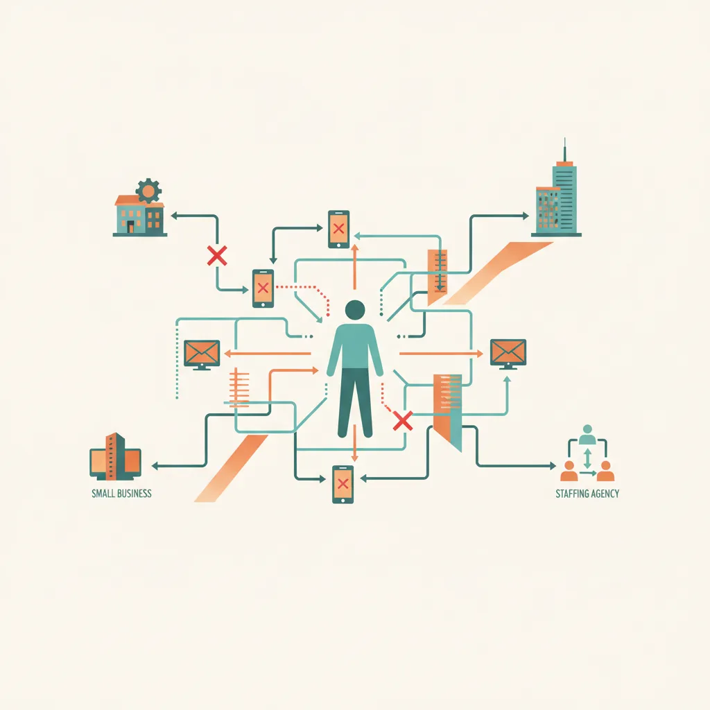 An illustration showing the complex and often frustrating process of trying to get employment verification, symbolizing navigating various communication channels and obstacles to reach the right contact.