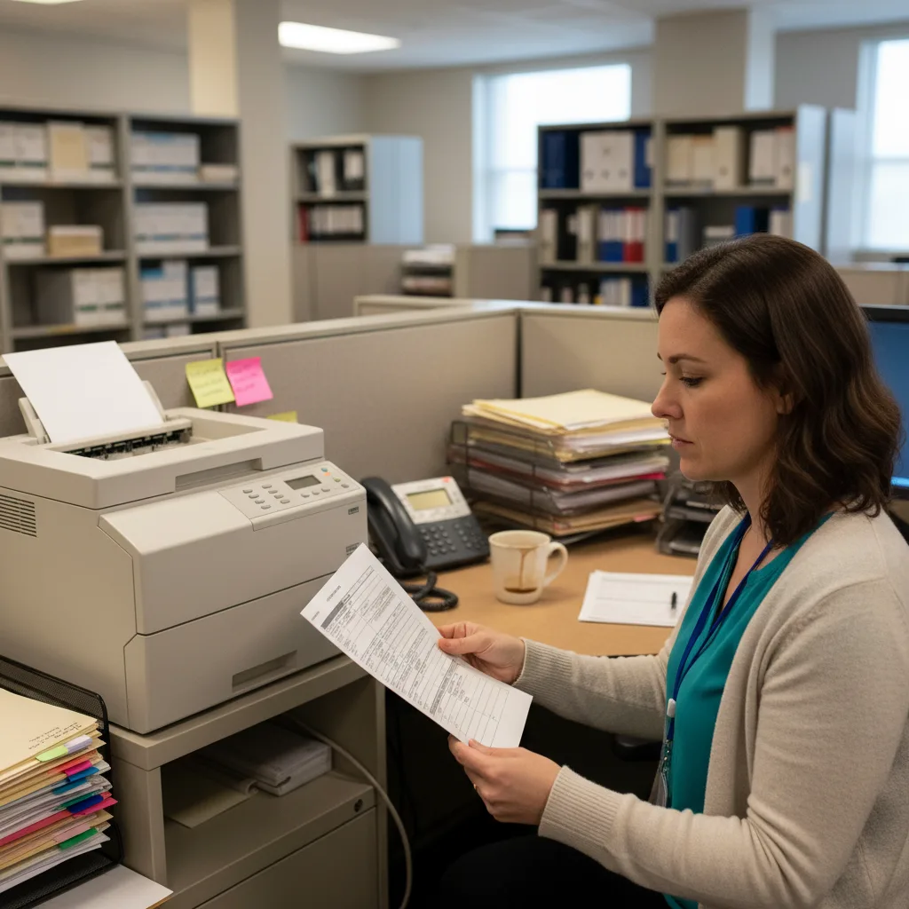 Hospital medical-records clerk processing an incoming employment-verification fax request at her desk