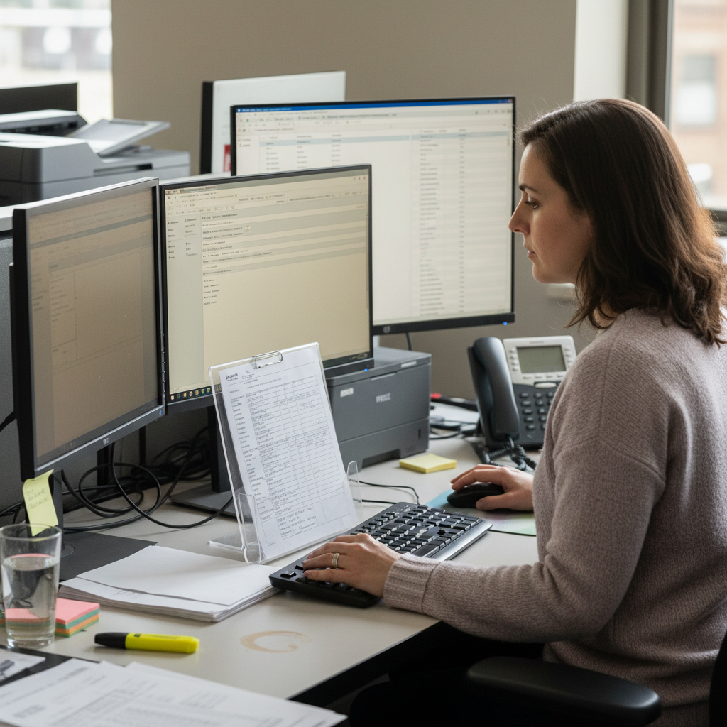 Mortgage loan processor manually re-typing data from a returned fax form into a case-management system