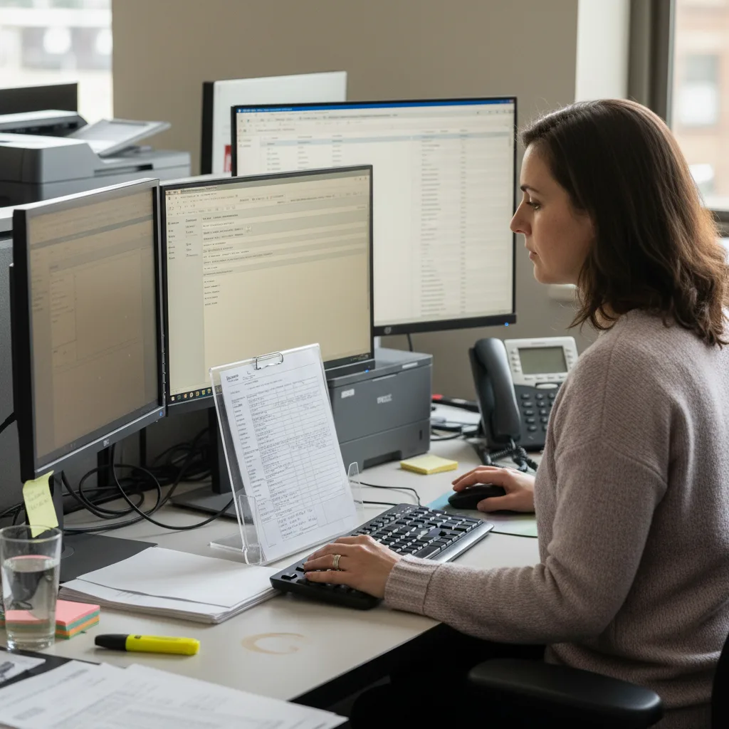 Mortgage loan processor manually re-typing data from a returned fax form into a case-management system