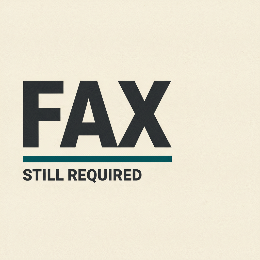 Editorial typographic poster reading FAX in large type with the supporting line STILL REQUIRED on a warm off-white background and a deep teal underline accent.