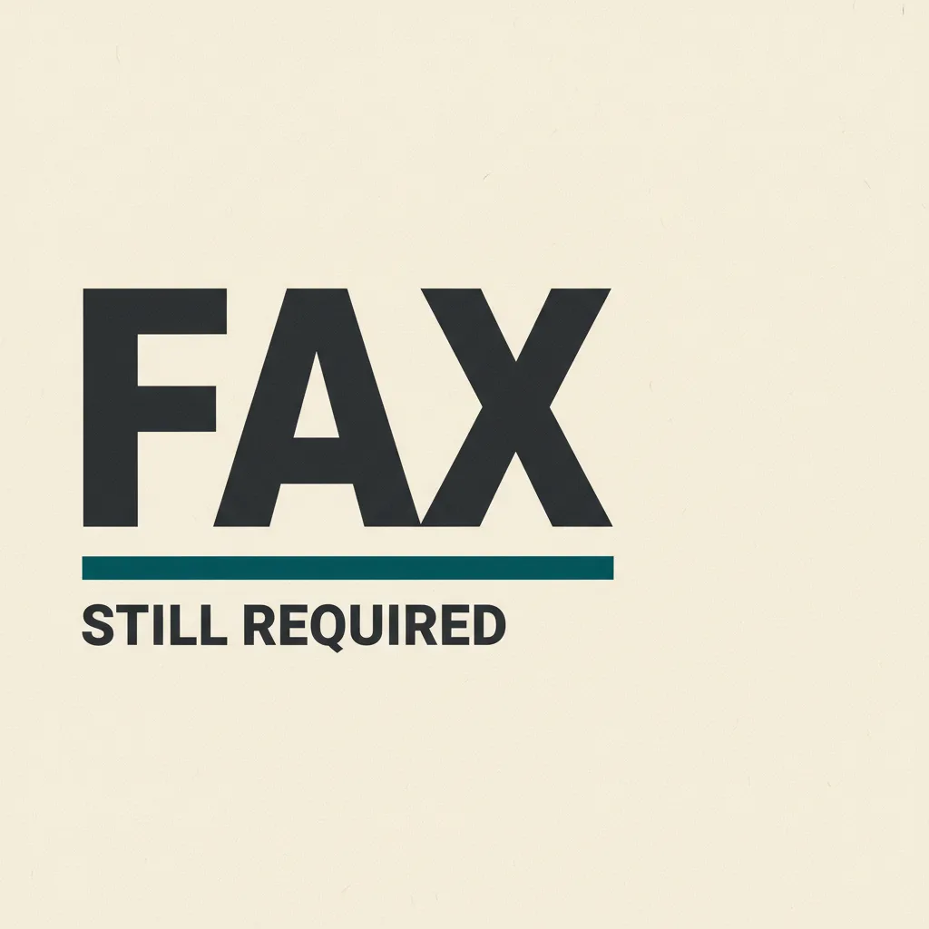 Editorial typographic poster reading FAX in large type with the supporting line STILL REQUIRED on a warm off-white background and a deep teal underline accent.