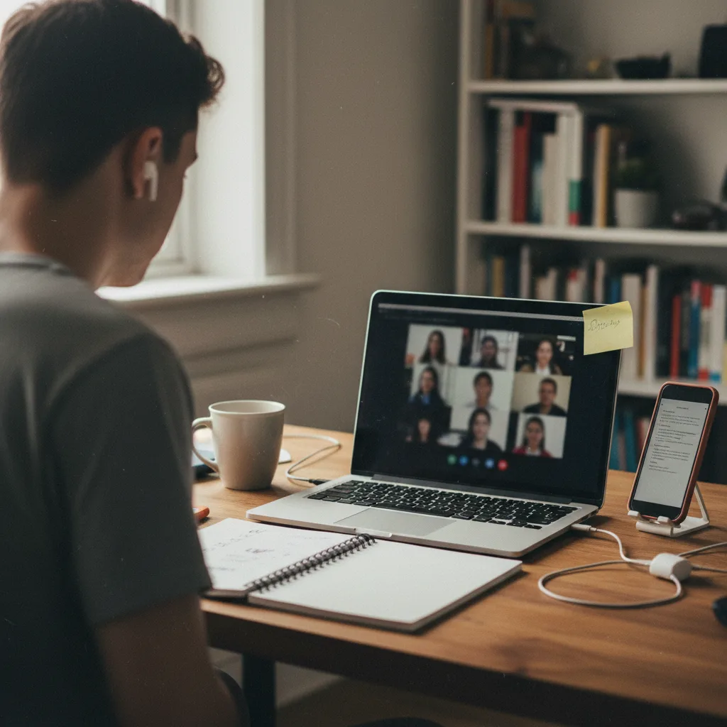 A candidate at a home desk during a video interview wearing a discreet earpiece, with a second phone propped beside the laptop — the setup behind real-time AI interview assistance