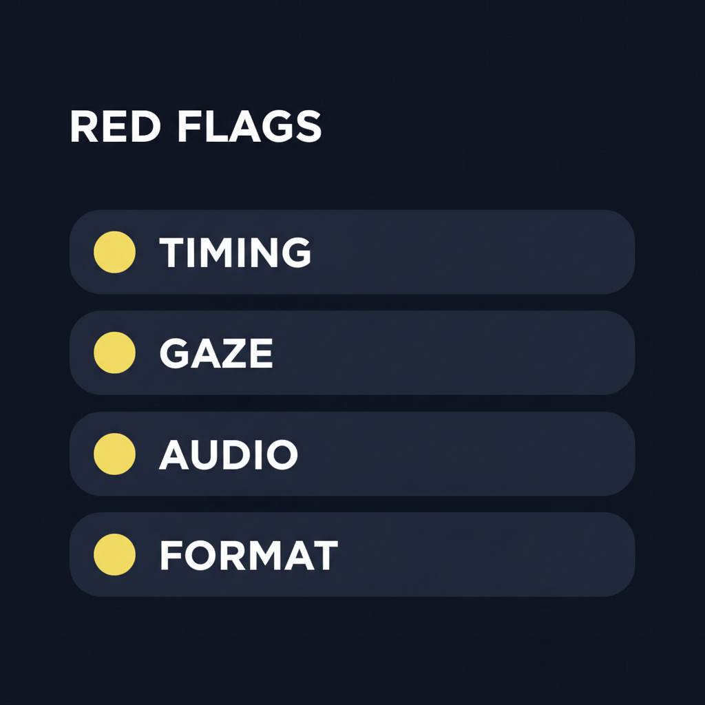 A checklist of interview red flags that suggest AI assistance — answer timing, gaze patterns, audio artifacts, and suspiciously consistent answer structure