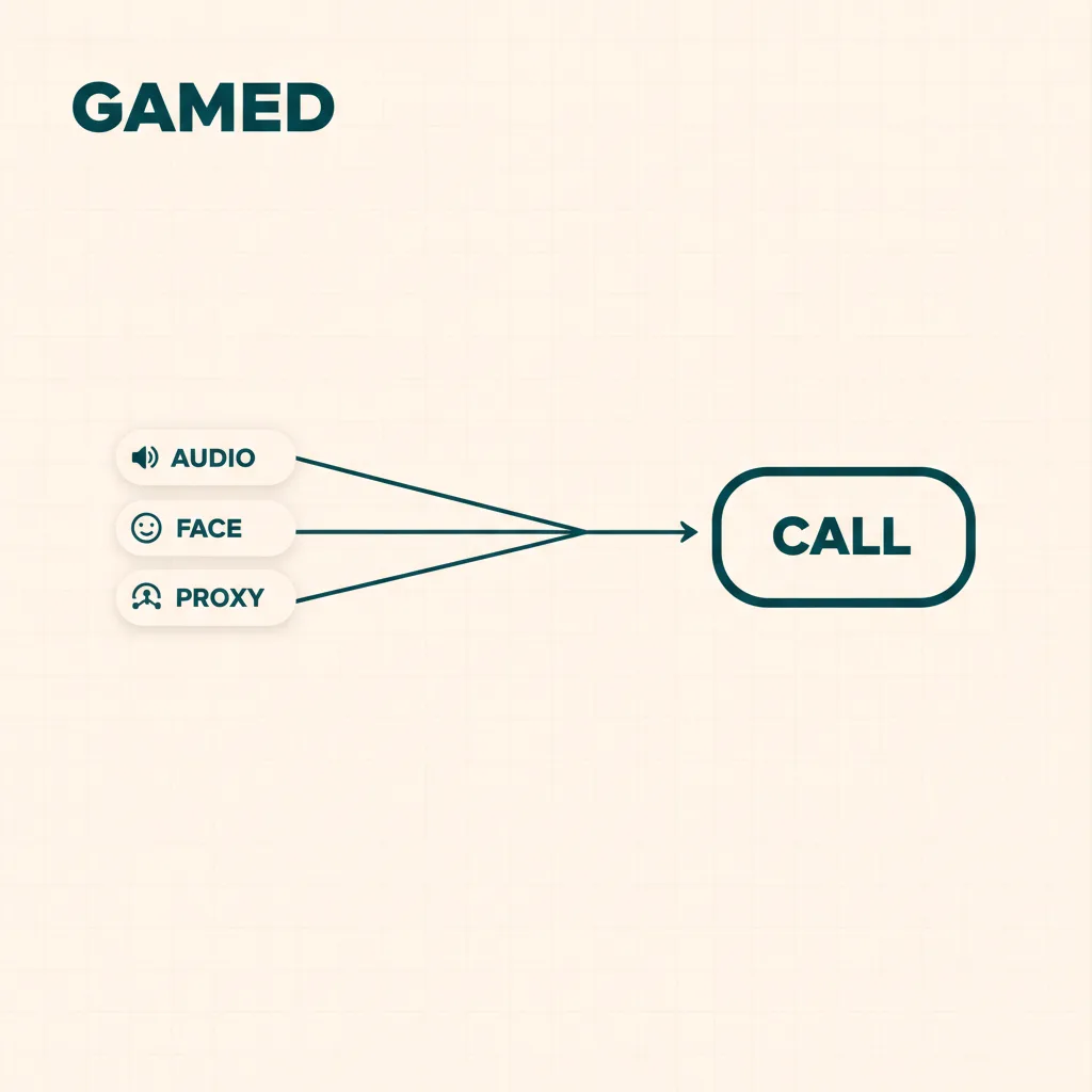 A diagram showing real-time audio overlays, deepfake face replacement, and proxy interviewers all feeding into a single video call — the three ways AI now games the video interview